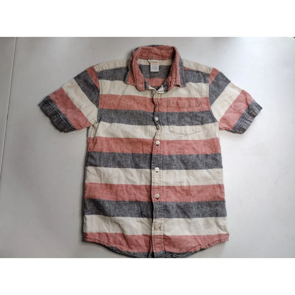 Gymboree Boys Red White Blue Striped Linen Short Sleeve Button Down Shirt M‎
